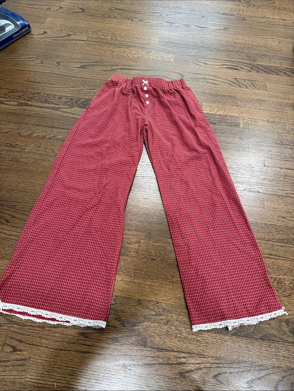 Edikted Red Plaid Pajama Pants with Lace Trim